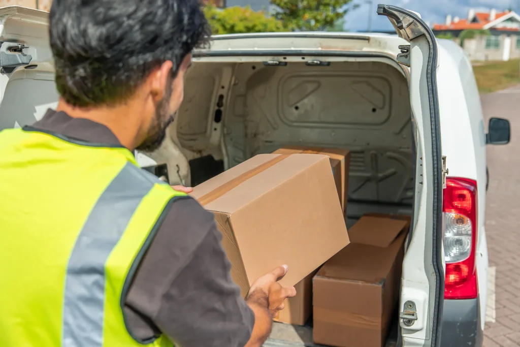 Repartidor cargando una caja de cartón en una furgoneta