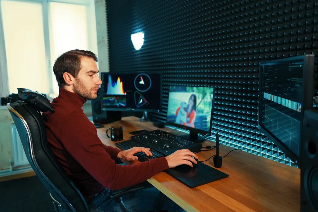 Montador de vídeo trabajando en una sala de edición con varios monitores